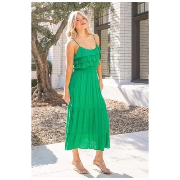 Emerald Green Rayon Gauze Ruffle Smocked Waist Sleeveless Midi Dress - Picture 4 of 6